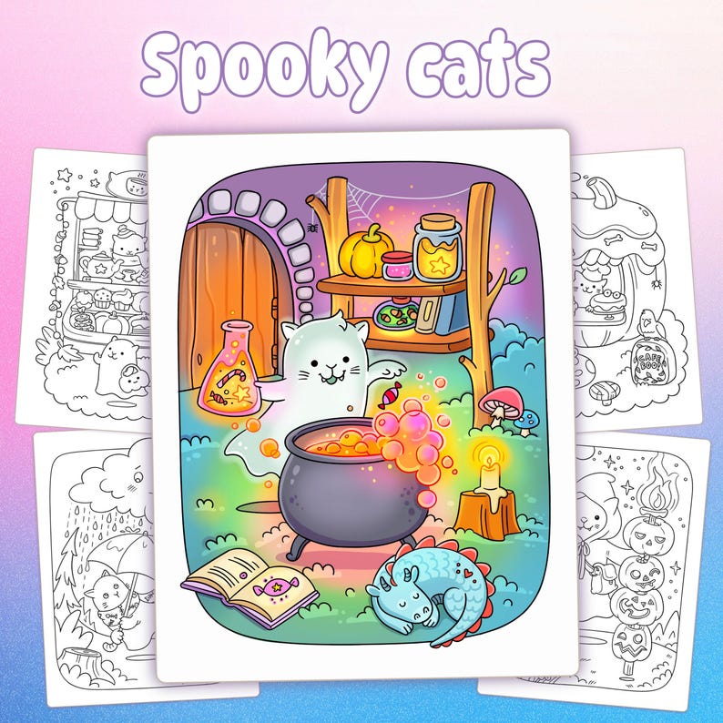 May include: A collection of coloring pages featuring the text "Spooky cats." The pages depict cartoon cats in Halloween scenes, including a cat brewing a potion, a cat in a shop, and cats with pumpkins. The illustrations are outlined in black and white.
