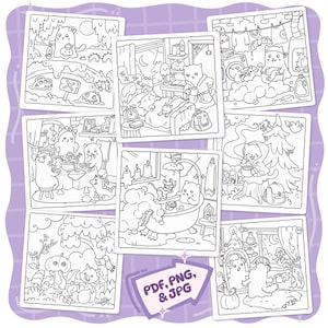 May include: A collection of eight black and white coloring pages featuring whimsical cat-like creatures in various scenes. The scenes include a cat in a bathtub, a cat reading, and a cat in bed. The image also includes the text "PDF, PNG, & JPG".