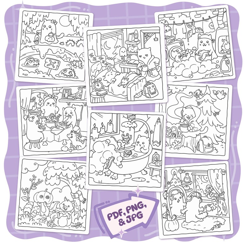 May include: A collection of eight black and white coloring pages featuring whimsical cat-like creatures in various scenes. The scenes include a cat in a bathtub, a cat reading, and a cat in bed. The image also includes the text "PDF, PNG, & JPG".