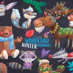 niedliche Winter Waldtiere Aquarell Clipart, Weihnachten zum Ausdrucken, sofortiger Download handgemachte Illustration, Urlaub Tierfiguren