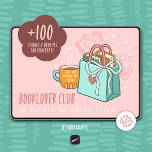 Peut inclure: Un graphique numérique sur fond rose clair avec un sac de courses bleu sarcelle contenant des livres, une tasse jaune avec le texte IN MY READING ERA, et un nuage marron avec +100 STAMPS & BRUSHES FOR PROCREATE. Texte BOOKLOVER CLUB.