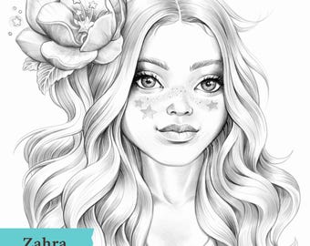 Zahra | Premium coloring page for adults. High resolution hand drawn printable for cozy coloring, beautiful greyscale illustration.