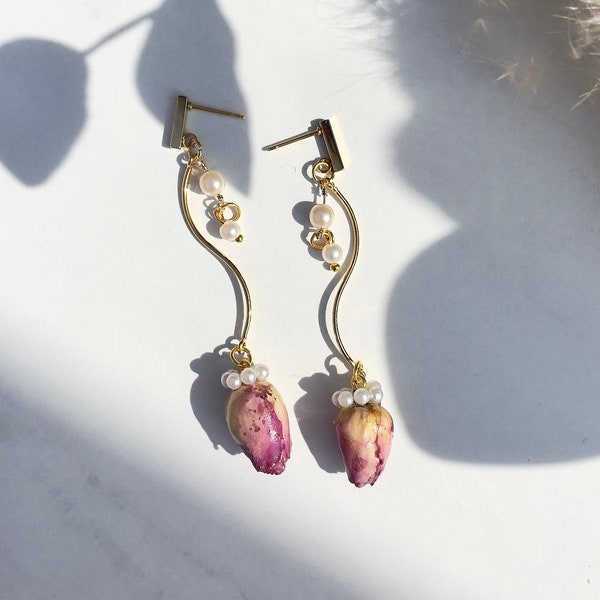 Edelstahl Ohrringe mit echten getrockneten Rosen in Dip Resin - Verbindern 18k Gold Rhodium überzogen