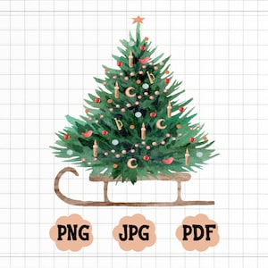 Aquarell Weihnachtsbaum PNG, Retro Weihnachten Png, Boho Weihnachten Png, geschmückter Weihnachtsbaum auf Schlitten Png Jpg Design, Aquarell Baum