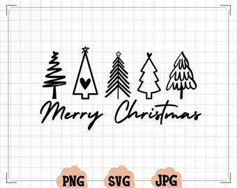 Könnte beinhalten: Schwarz-weiß-Illustration von fünf stilisierten Weihnachtsbäumen mit dem Text "Merry Christmas" darunter.