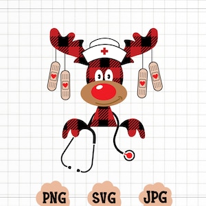 Renna di Natale infermiera Svg, Natale divertente Svg, Buffalo Plaid Moose SVG, RN Clipart, file di taglio infermiera Svg, design di sublimazione infermiera PNG