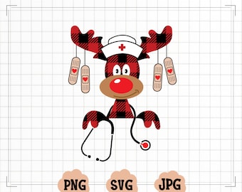 Christmas Reindeer Nurse Svg, Funny Christmas Svg, Buffalo Plaid Moose SVG, RN Clipart, Nurse Svg Cut File, Nurse Png Sublimation Design