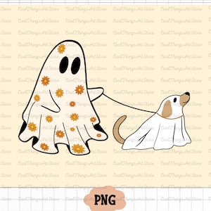 Puede incluir: Un fantasma blanco con flores naranjas y amarillas en su s&aacute;bana est&aacute; paseando a un perro que lleva una s&aacute;bana de fantasma blanca. El fondo es amarillo claro.