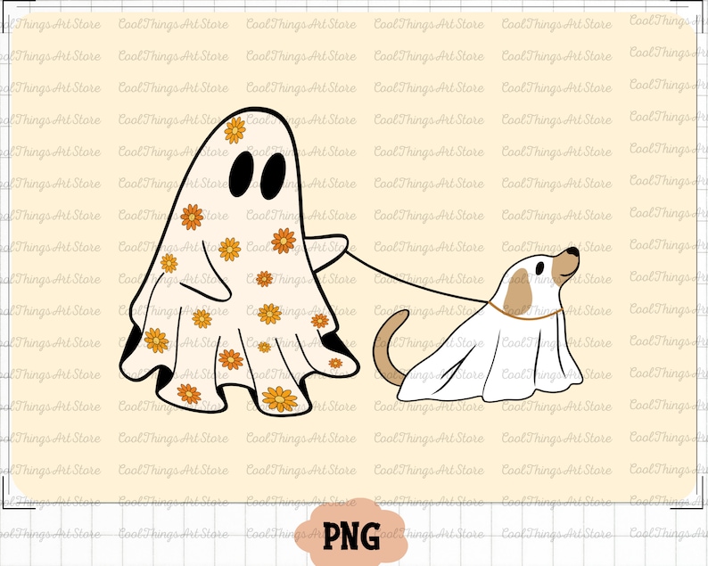 Puede incluir: Un fantasma blanco con flores naranjas y amarillas en su s&aacute;bana est&aacute; paseando a un perro que lleva una s&aacute;bana de fantasma blanca. El fondo es amarillo claro.