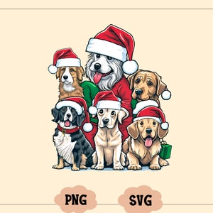 以下が含まれることがあります： サンタの帽子をかぶった5匹の犬のグループ。犬はすべて異なる品種とサイズです。中央の犬は緑色のセーターを着ています。犬はすべてカメラを見ています。