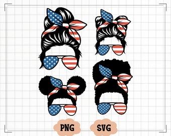 4th of July Messy Bun Hair SVG, American Patriotic Mom Bun Hair Sunglasses Headband Mom Life, American Mom and Girl Svg, Girl Svg Png Bundle