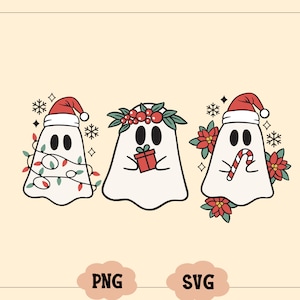 May include: Three white ghosts wearing Santa hats and holding Christmas-themed items. The ghost on the left is holding a string of Christmas lights, the middle ghost is holding a gift box, and the ghost on the right is holding a candy cane.