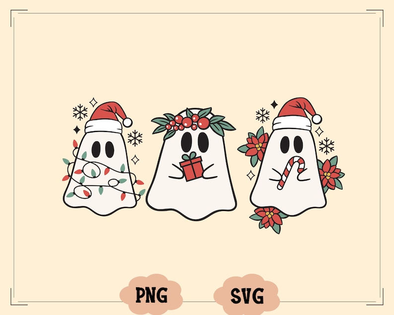 May include: Three white ghosts wearing Santa hats and holding Christmas-themed items. The ghost on the left is holding a string of Christmas lights, the middle ghost is holding a gift box, and the ghost on the right is holding a candy cane.
