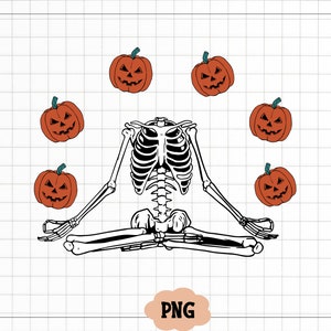 May include: A white skeleton sits in a yoga pose with five orange pumpkins with jack-o-lantern faces around it.