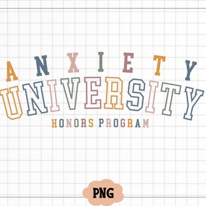 Könnte beinhalten: Ein farbenfrohes Grafikdesign mit dem Text "Anxiety University Honors Program" in einer Retro-Schriftart. Der Text ist in einem Regenbogen aus Farben gehalten, darunter Gelb, Orange, Rot, Rosa, Blau, Grün und Lila.