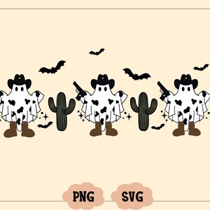 May include: Three cartoon ghosts dressed as cowboys with black hats, white shirts, and brown boots. Each ghost is holding a gun and standing in front of a green cactus. There are bats flying in the background.