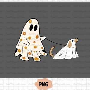 Puede incluir: Un fantasma blanco con patrones florales naranjas y amarillos est&aacute; paseando a un perro fantasma blanco con una correa. Ambos son ilustraciones de estilo de dibujos animados.