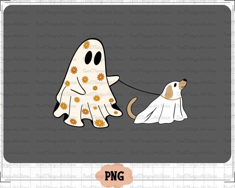 Puede incluir: Un fantasma blanco con patrones florales naranjas y amarillos est&aacute; paseando a un perro fantasma blanco con una correa. Ambos son ilustraciones de estilo de dibujos animados.
