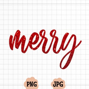 May include: Red glitter text that reads "merry" in a cursive font.