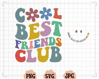 May include: A colorful graphic design with the text "Cool Best Friends Club" in a retro style. The letters are in different colors and have a rounded, bubbly font. There are two small blue and red dots below the text.