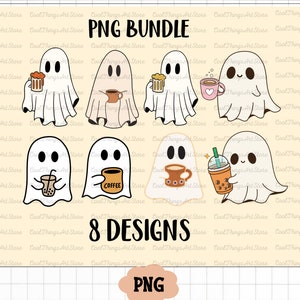 Pu&ograve; includere: Otto illustrazioni digitali di fantasmi carini che tengono diverse bevande. I fantasmi sono bianchi con occhi e bocche neri. Le bevande includono birra, caff&egrave;, t&egrave; e t&egrave; con boba. Il testo "PNG BUNDLE" e "8 DESIGNS" sono in alto e in basso nell'immagine, rispettivamente. Il testo "PNG" &egrave; in basso al centro dell'immagine.