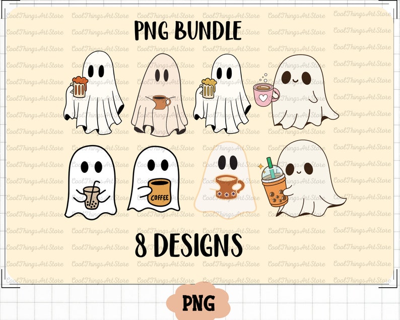 Pu&ograve; includere: Otto illustrazioni digitali di fantasmi carini che tengono diverse bevande. I fantasmi sono bianchi con occhi e bocche neri. Le bevande includono birra, caff&egrave;, t&egrave; e t&egrave; con boba. Il testo "PNG BUNDLE" e "8 DESIGNS" sono in alto e in basso nell'immagine, rispettivamente. Il testo "PNG" &egrave; in basso al centro dell'immagine.