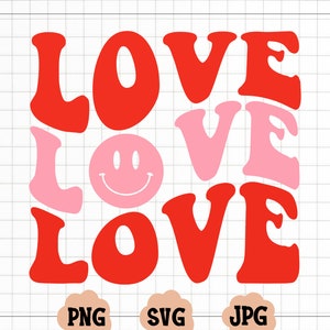 May include: A graphic design featuring the word "LOVE" repeated three times in a retro style. The letters are in red and pink, with a pink smiley face in the center.