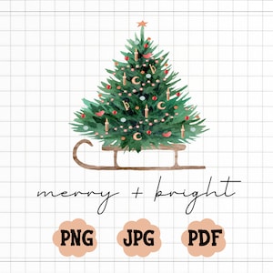 Árvore de Natal em aquarela PNG, Retro Christmas Png, Boho Christmas Png, Árvore de Natal alegre e brilhante no trenó Png Design, Water Color Tree