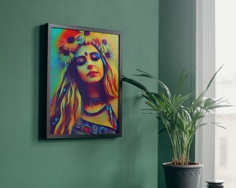 Boho Hippy Girl Wall Art, Housewarming Hippie Gift (Digital print for DIY)