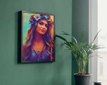Hippy Girl with Flower Crown Wreath Wall Art, Housewarming Hippie Gift (Digital print for DIY)