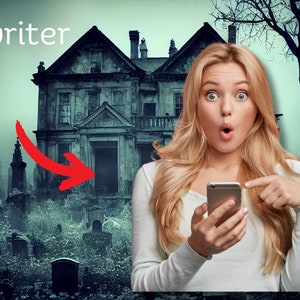 Könnte beinhalten: Eine Frau in einem weißen Oberteil sieht überrascht aus, während sie auf ihr Handy schaut. Sie steht vor einem gruseligen, alten Haus mit einem Friedhof im Hintergrund. Der Text "writer" ist in Rot auf dem Bild geschrieben.