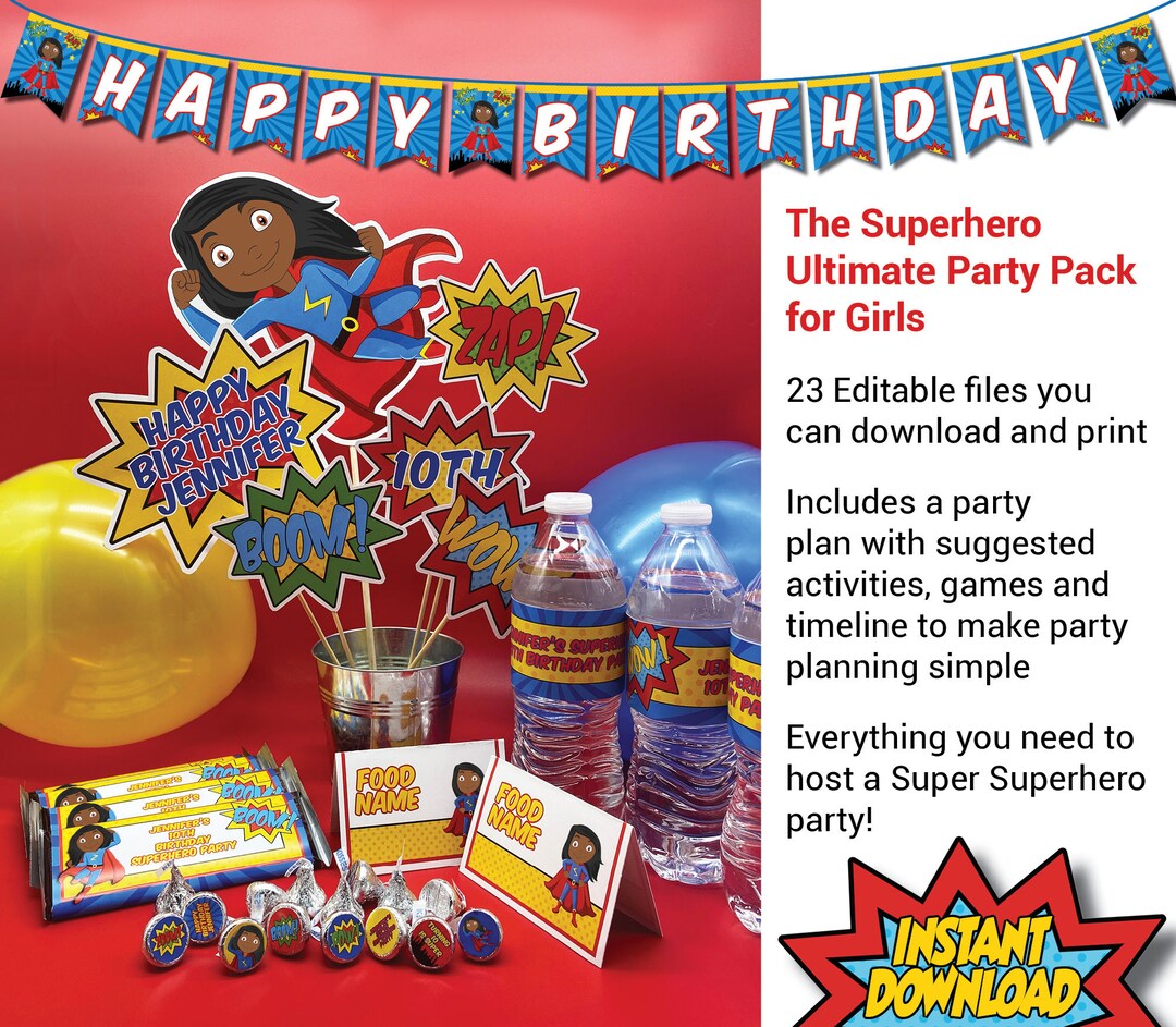 Girls Superhero Editable Birthday Party Pack, Instant Download