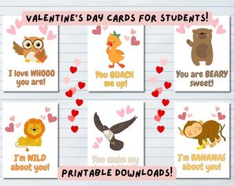 Tarjetas divertidas de San Valentín con juegos de palabras sobre animales para niños, lindas tarjetas de San Valentín para niños IMPRIMIBLES
