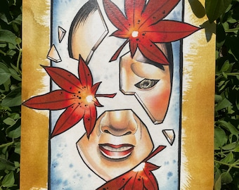 Noh Mask Neotraditional Tattoo Flash Art Print