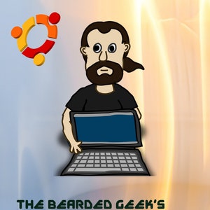 Op de afbeelding: Een cartoonillustratie van een man met een baard en een laptop. De tekst op de afbeelding luidt "The Bearded Geek's Digital Guide to Installing Ubuntu Linux. Learn how to install, update, and customize Ubuntu with confidence! Discover the power of Linux - perfect for beginners and beyond! Written by Frank Valentine."