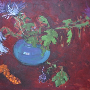 Naturaleza muerta sobre fondo rojo. Pintura al óleo original de época de un artista ucraniano