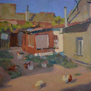 Escena tradicional de granja. Pintura al óleo original de un acogedor entorno rural.