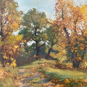 Bosco autunnale. Dipinto a olio originale d'epoca, anni '70.
