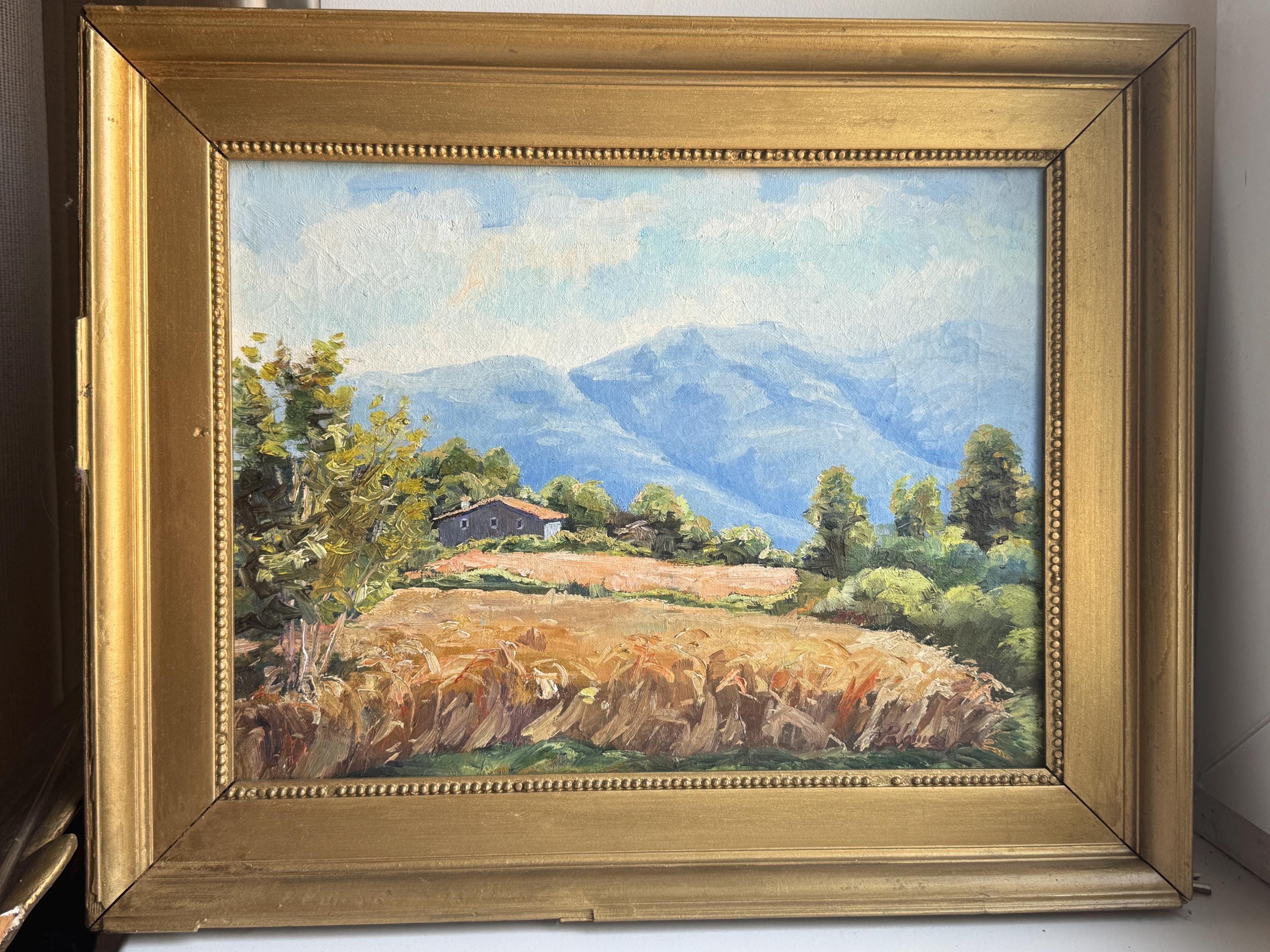 ヴィンテージのイタリアの風景画、黄金色の麦畑と別荘からの山の