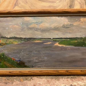 Paisaje costero rural vintage de los años 60, pintura al óleo original enmarcada.