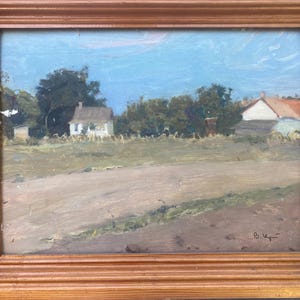 Pueblo tranquilo en Ucrania. Pintura al óleo original de época de un artista ucraniano