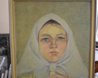Original vintage portrait of a young girl. Gouache painting by a female Ukrainian artist