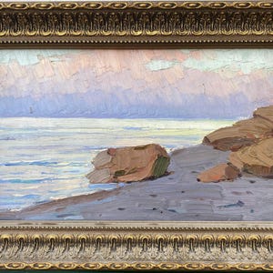 Amanecer en la orilla. Pintura al óleo original vintage enmarcada del reconocido artista Balakai.