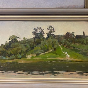 Pintura a óleo vintage de um prado exuberante da década de 1950, em uma moldura deslumbrante