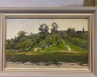 Pintura al óleo vintage de los años 50: Paisaje de pradera exuberante enmarcado