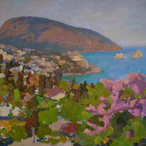 Vista de la ciudad costera ucraniana de Gurzuf. Pintura al óleo original de un artista ucraniano