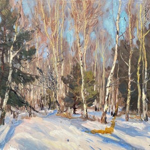 Floresta sob a luz do sol da tarde de inverno. Pintura a óleo vintage original, década de 1980