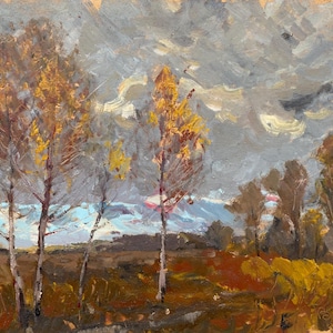 Campos rurais no final do outono. Pintura a óleo vintage original, década de 1980