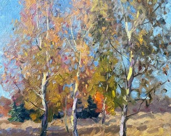 Abedules a principios de otoño. Pintura al óleo original de época, década de 1970.