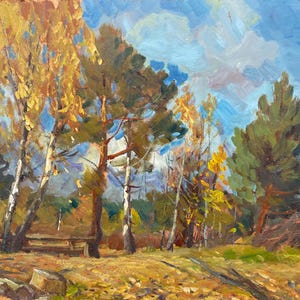 Cenário do início do outono. Pintura a óleo vintage original de Kryuchkov
